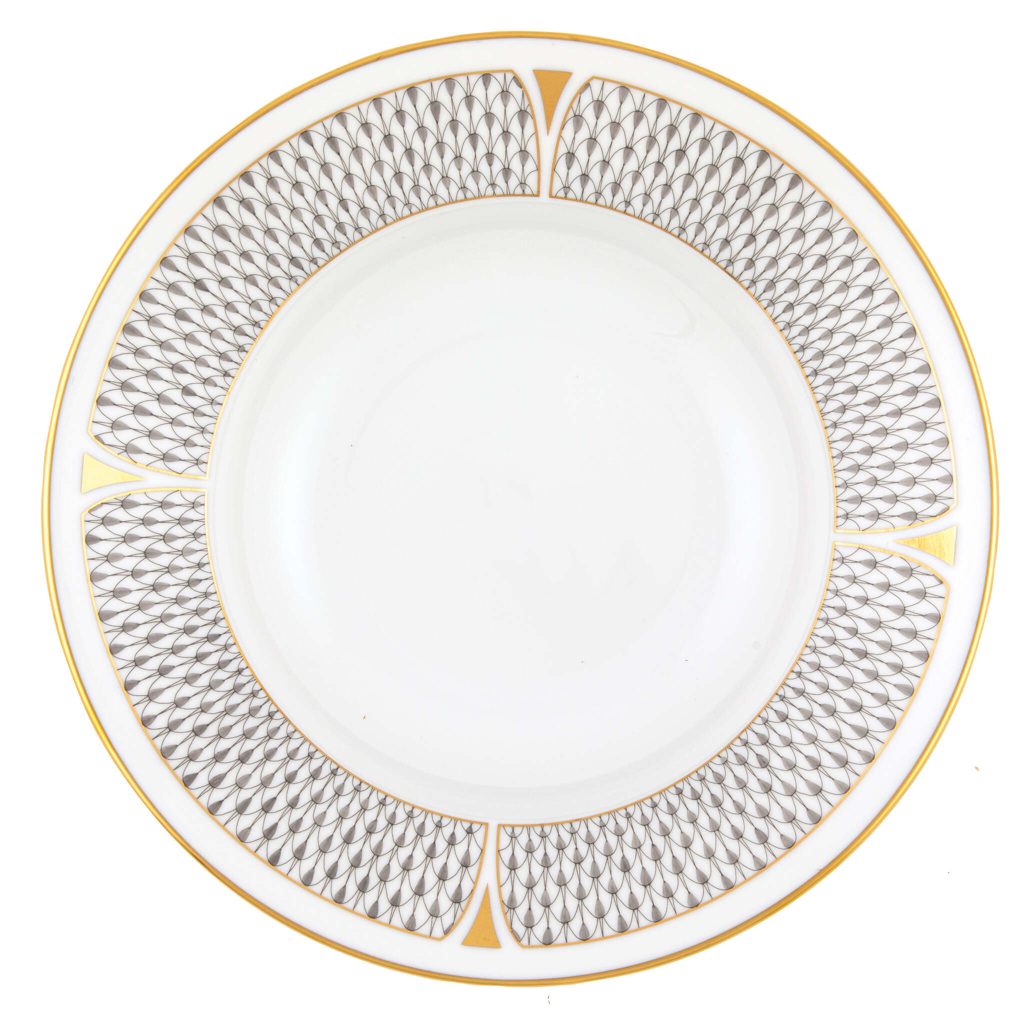Hand-painted Herend Art Deco Gray Rim Soup Soup Plates & Rimmed Soup Bowl in fine porcelain, 8.5in D, on a white background