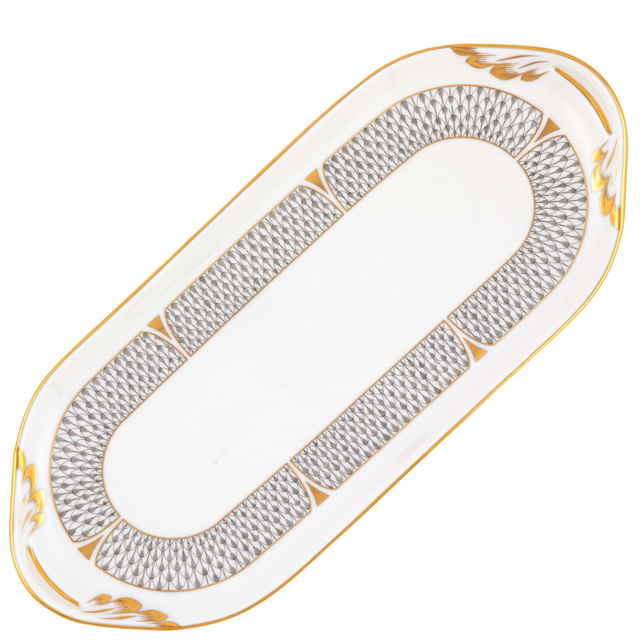 Hand-painted Herend Art Deco Gray Sandwich Tray in fine porcelain, 14.25in L X 6in W, on a white background