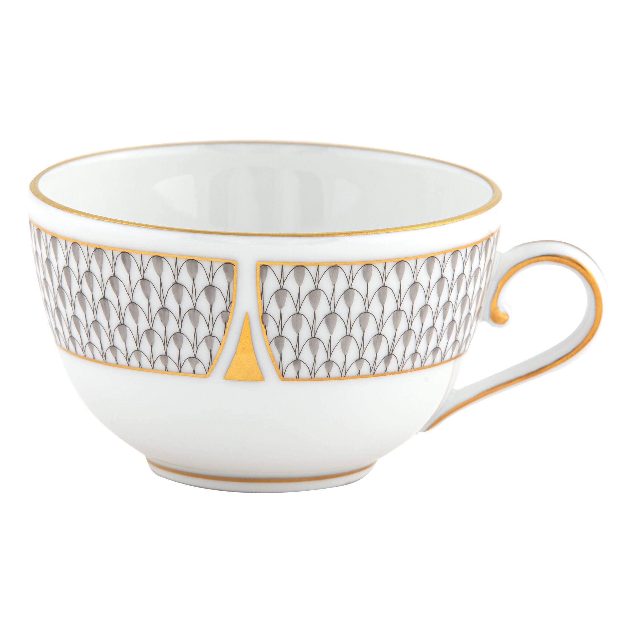 Hand-painted Herend Art Deco Gray Tea Cup Cup & Saucer Set in fine porcelain, on a white background