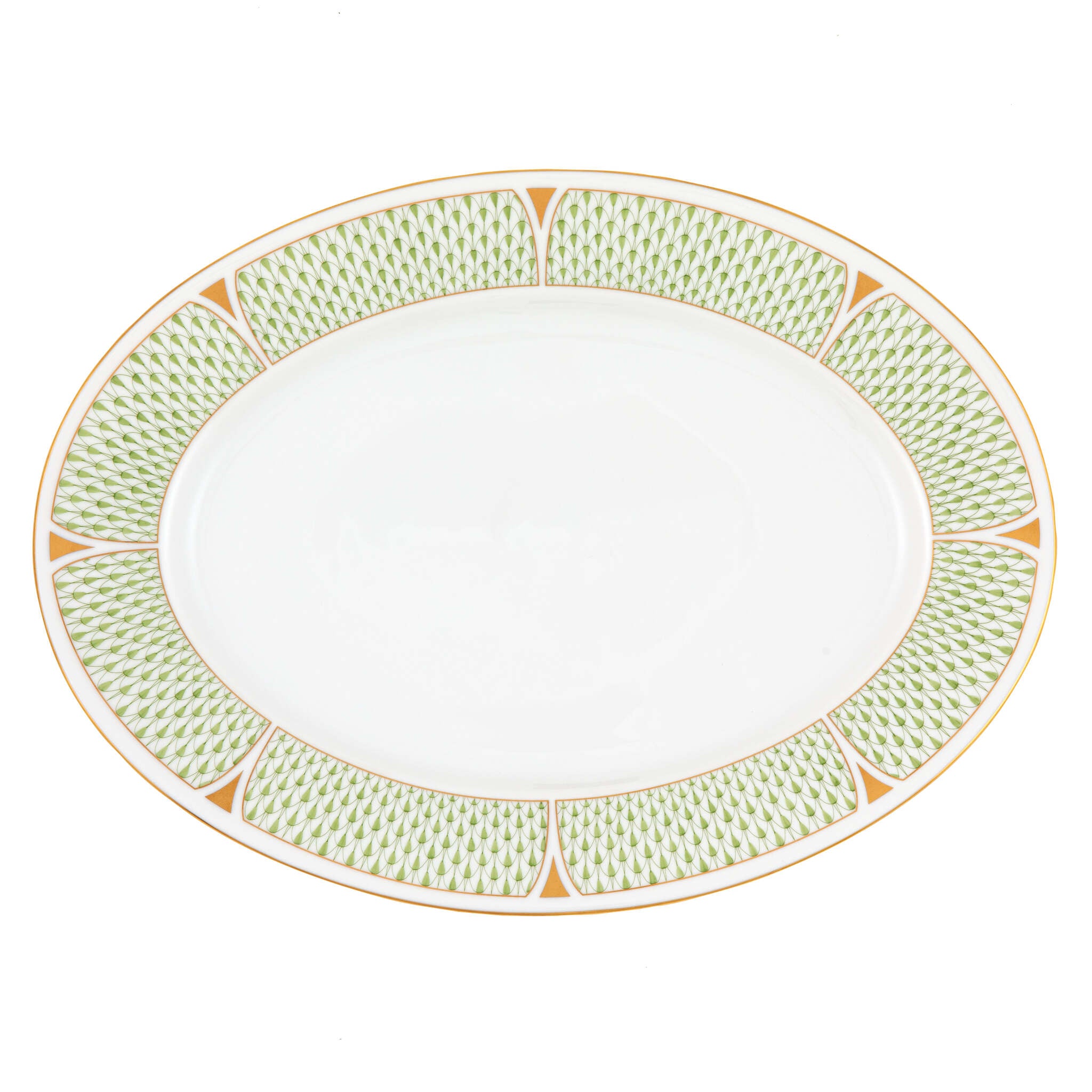 Hand-painted Herend Art Deco Green Oval Platter in fine porcelain, 15in L X 11in W, on a white background