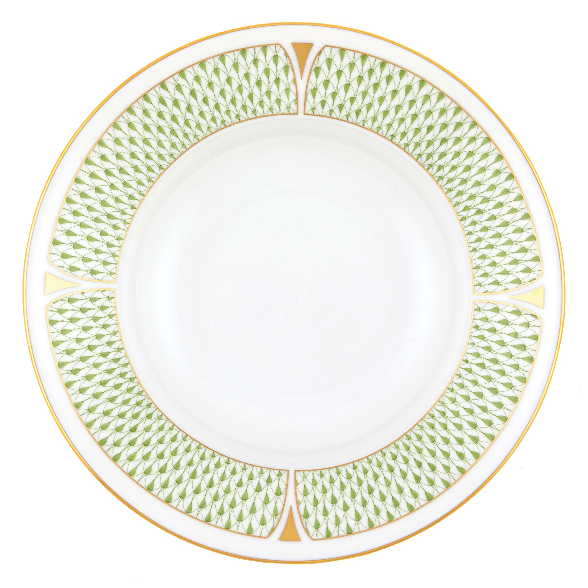 Hand-painted Herend Art Deco Green Rim Soup Soup Plates & Rimmed Soup Bowl in fine porcelain, 8.5in D, on a white background