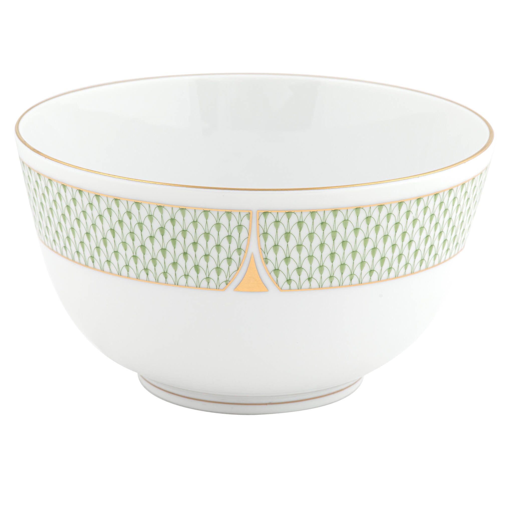 Hand-painted Herend Art Deco Green Round Bowl in fine porcelain, 4in H X 7.5in D, on a white background