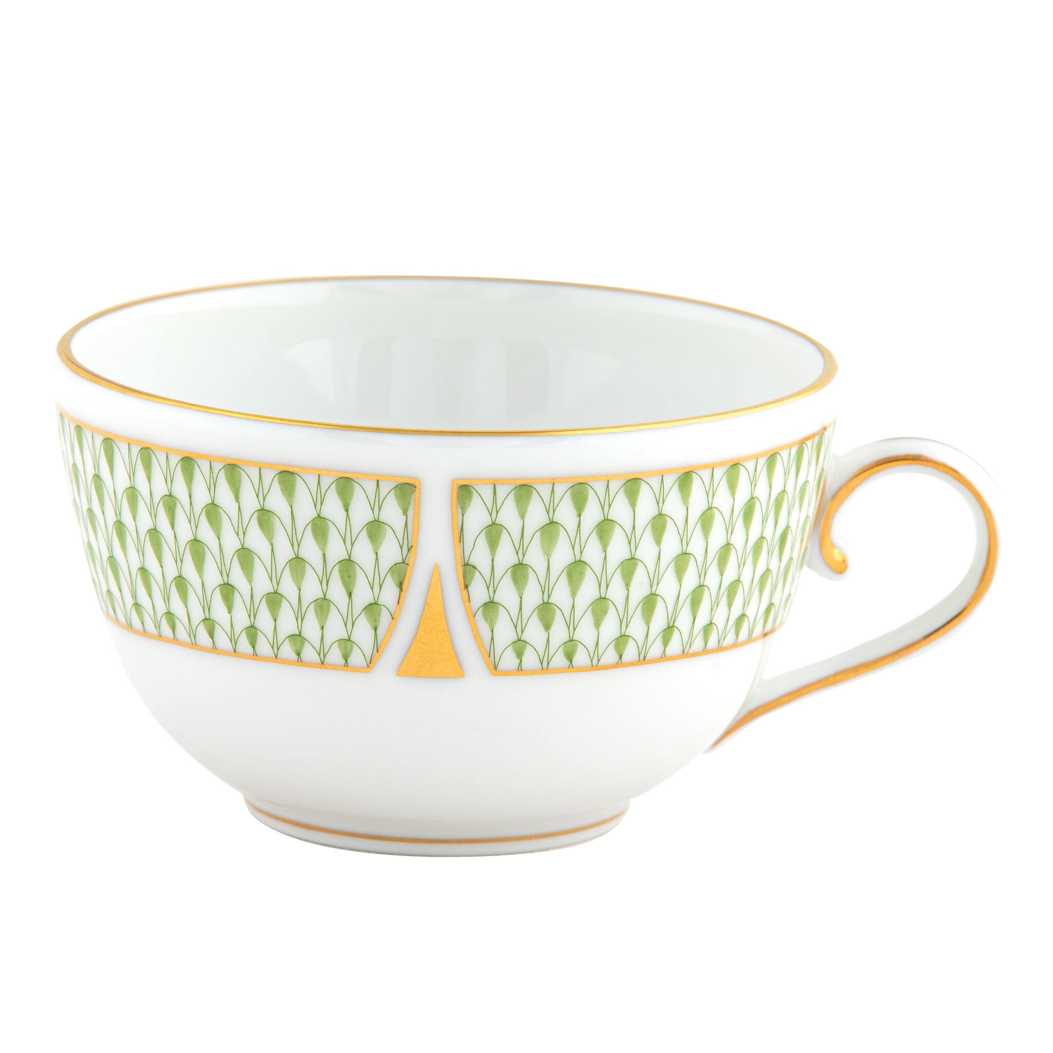 Hand-painted Herend Art Deco Green Tea Cup Cup & Saucer Set in fine porcelain, on a white background