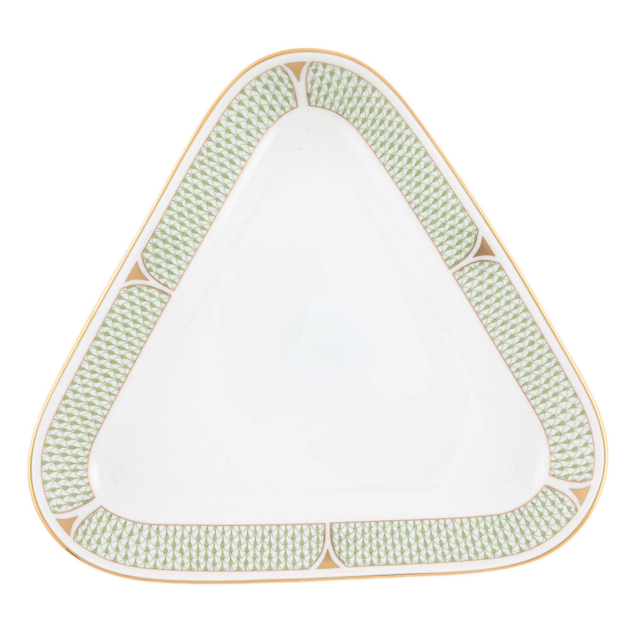 Hand-painted Herend Art Deco Green Triangle Dish in fine porcelain, 11in L X 10.25in W, on a white background