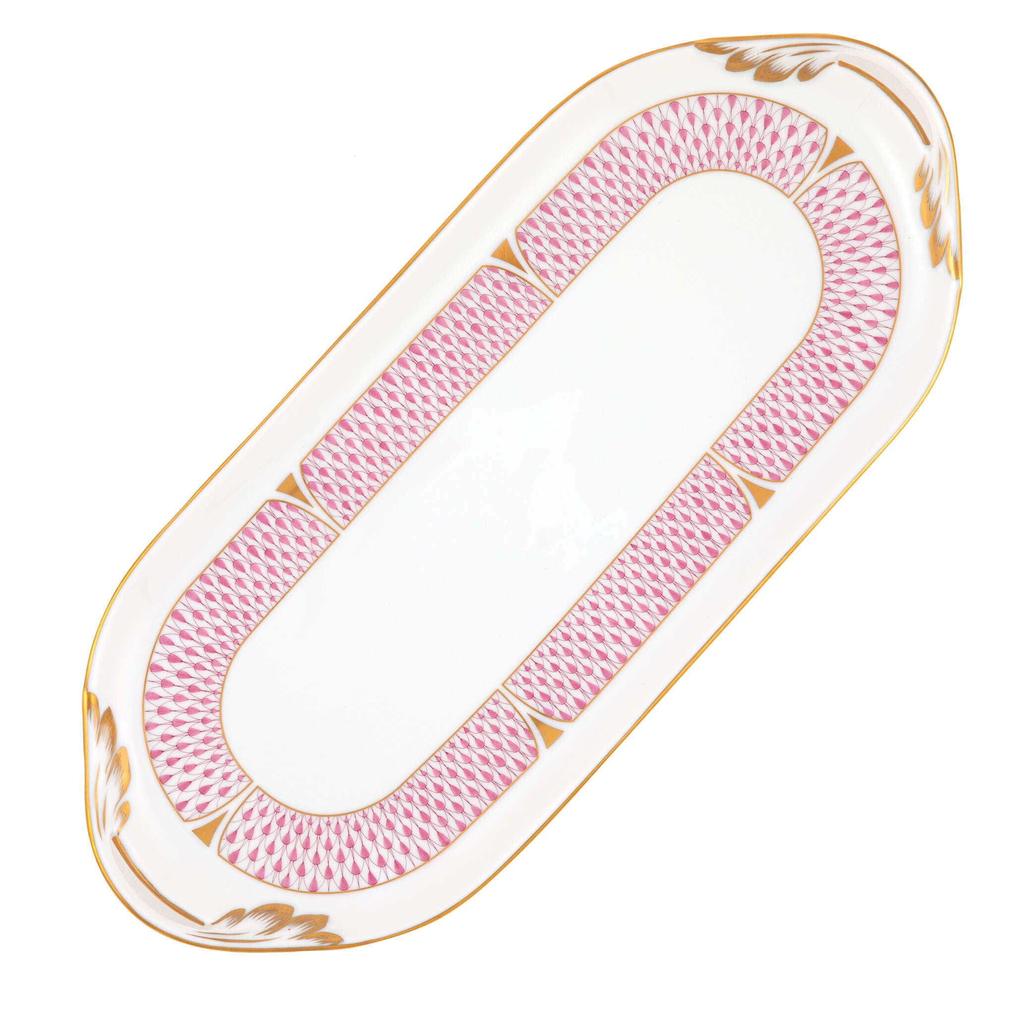 Hand-painted Herend Art Deco Raspberry Sandwich Tray in fine porcelain, 14.25in L X 6in W, on a white background