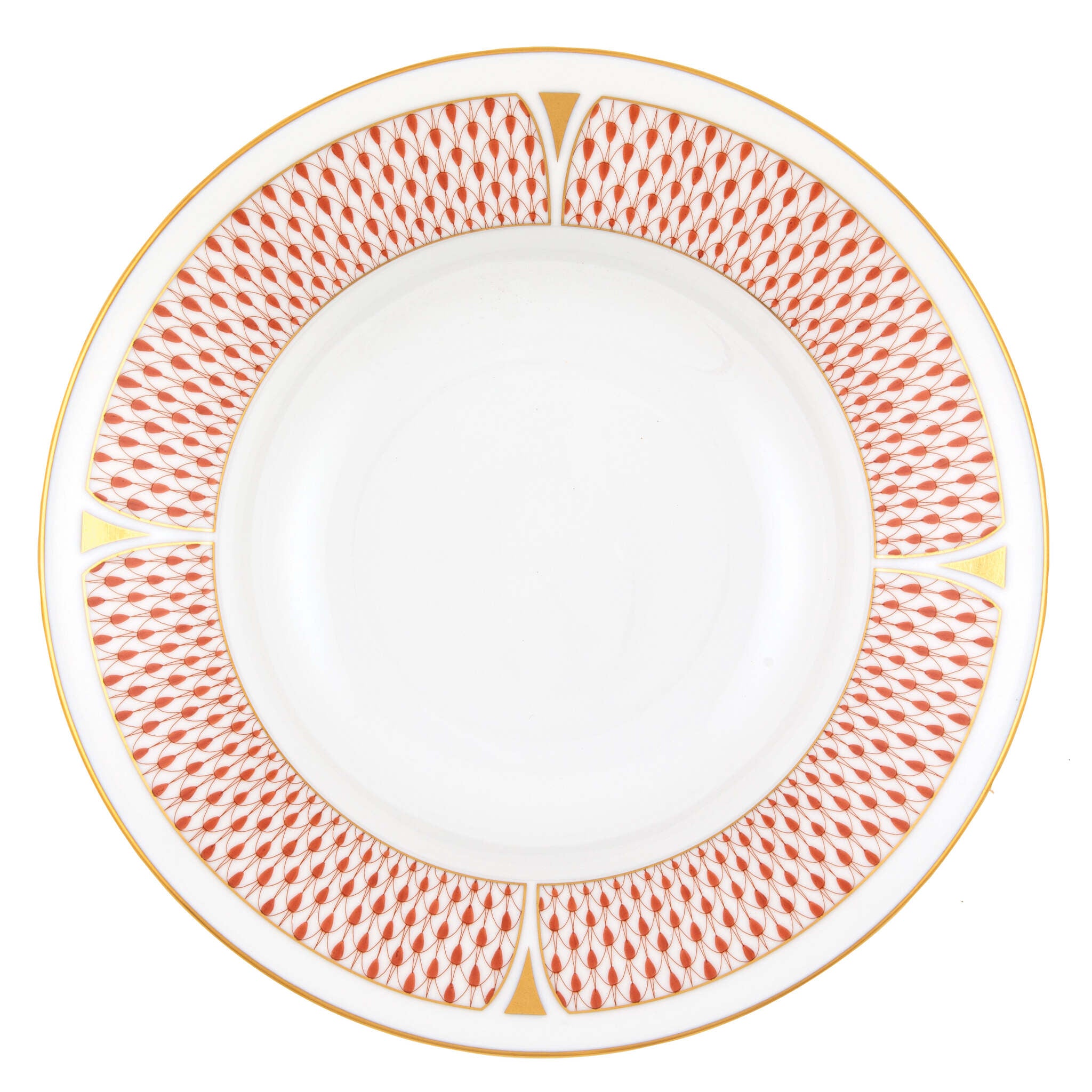 Hand-painted Herend Art Deco Rust Rim Soup Soup Plates & Rimmed Soup Bowl in fine porcelain, 8.5in D, on a white background