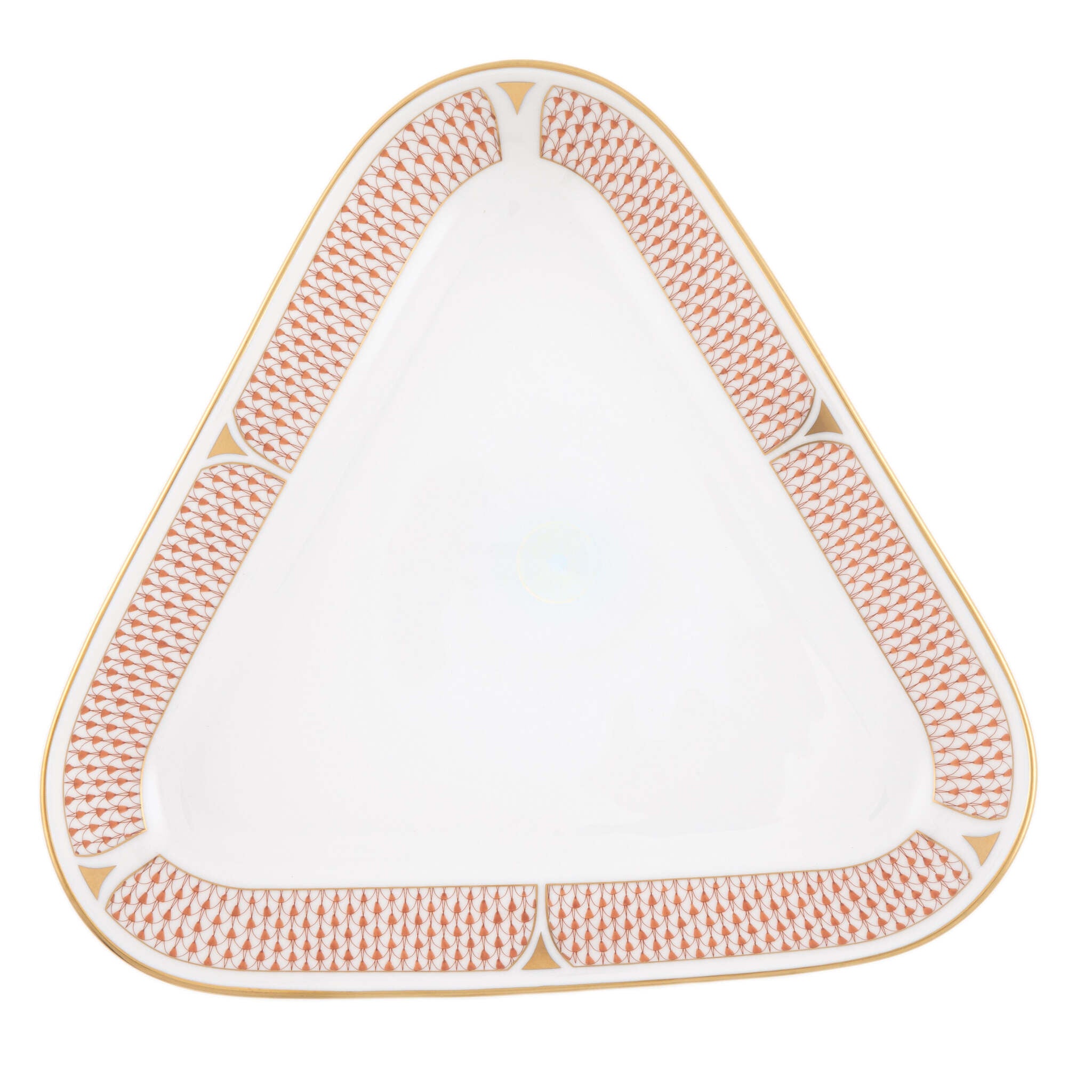 Hand-painted Herend Art Deco Rust Triangle Dish in fine porcelain, 11in L X 10.25in W, on a white background