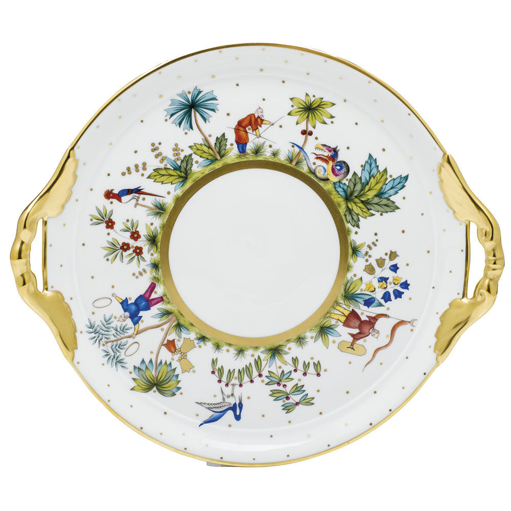 Hand-painted Herend Asian Garden Cake Plate in fine porcelain, 12.75in D, on a white background