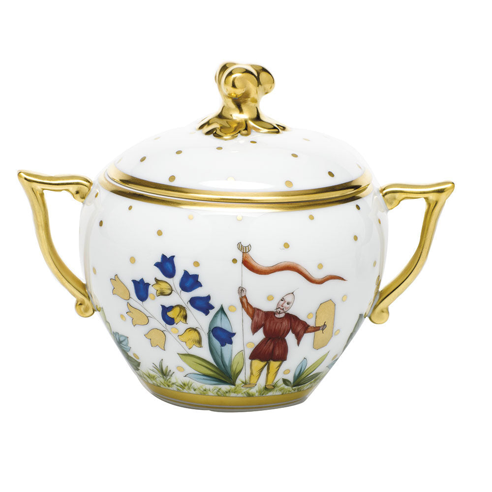 Hand-painted Herend Asian Garden Covered Sugar with Twist Sugar Bowl in fine porcelain, 4in H, on a white background