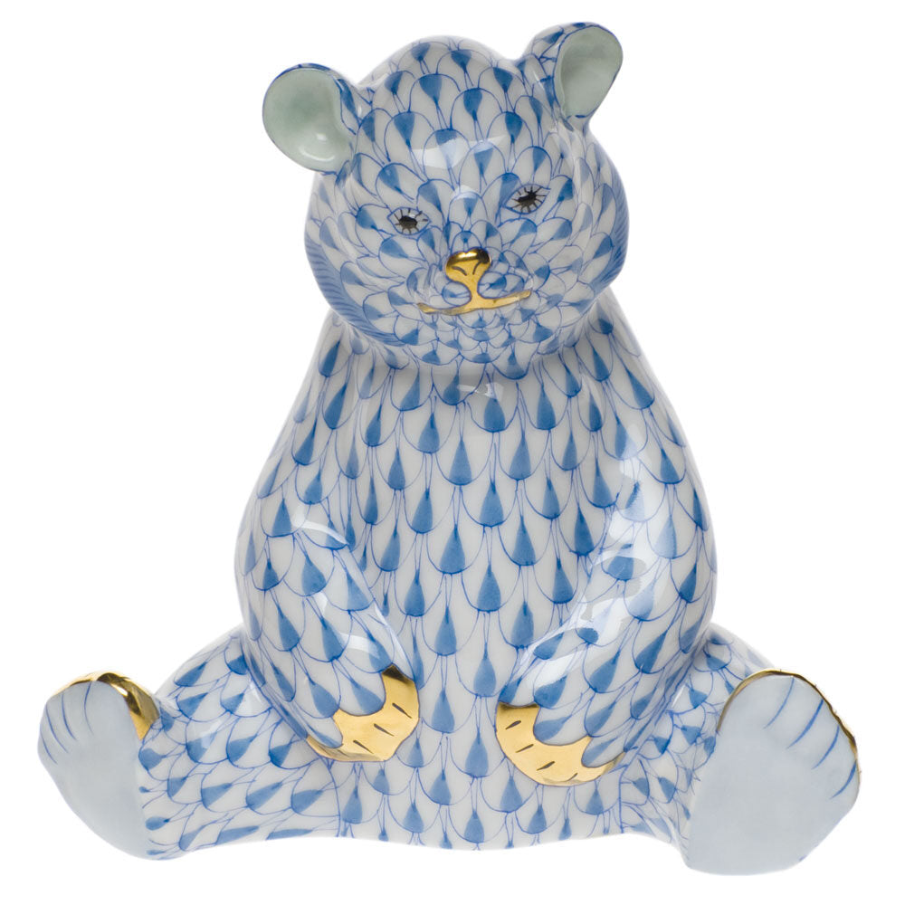 Hand-painted Herend Baby Bear Sitting Figurine in fine porcelain, 3.5in H, on a white background
