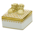 Hand-painted Herend Baby Bootie Box in Butterscotoch fishnet porcelain on a white background