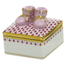 Hand-painted Herend Baby Bootie Box in Raspberry fishnet porcelain on a white background