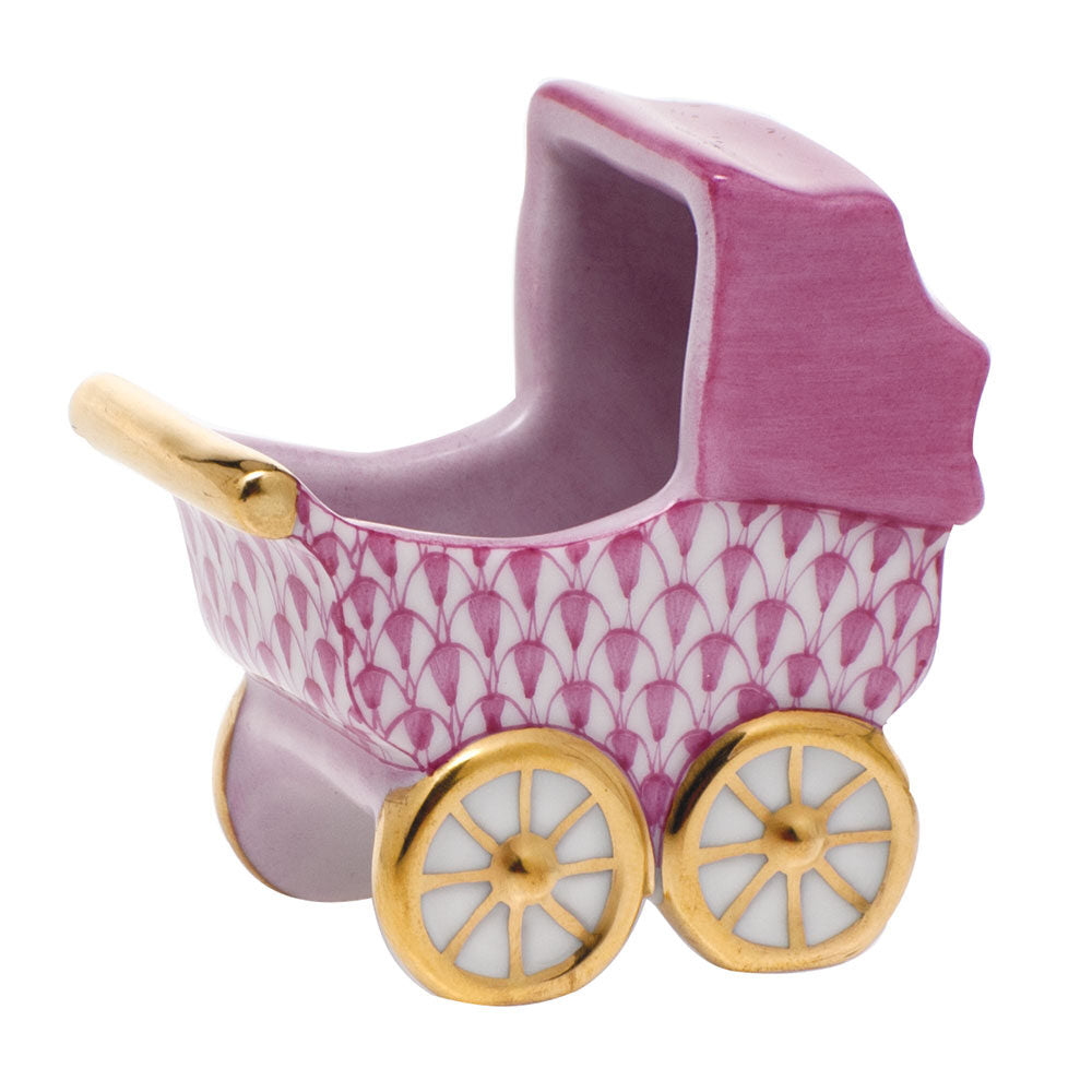 Herend Baby Carriage Figurine porcelain figurine painted in the Raspberry fishnet pattern