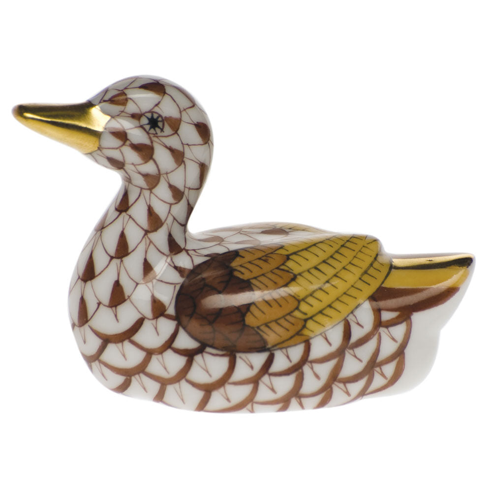 Herend Baby Duck Figurine porcelain figurine painted in the Chocolate fishnet pattern