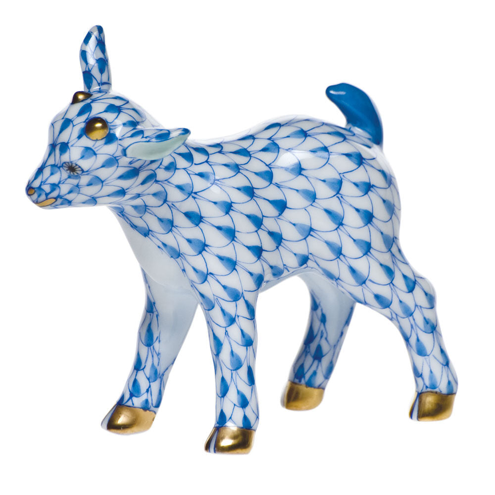 Hand-painted Herend Baby Goat Figurine in Blue fishnet porcelain on a white background