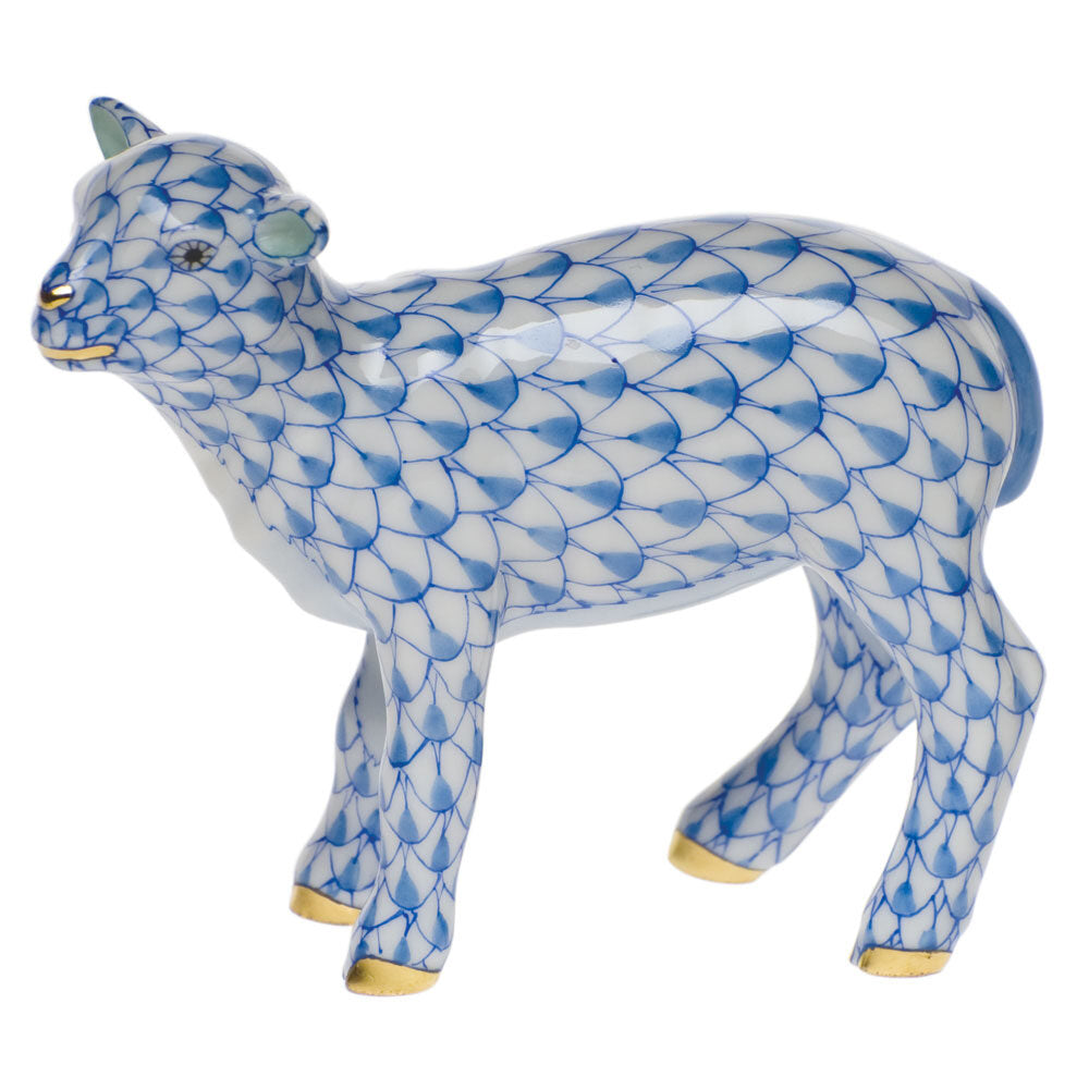 Hand-painted Herend Baby Lamb Figurine in Blue fishnet porcelain on a white background