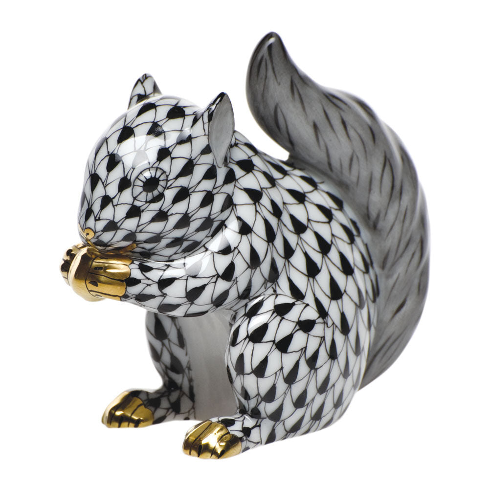 Black fishnet Baby Squirrel Figurine figurine, hand-painted Herend porcelain with 24k gold accents