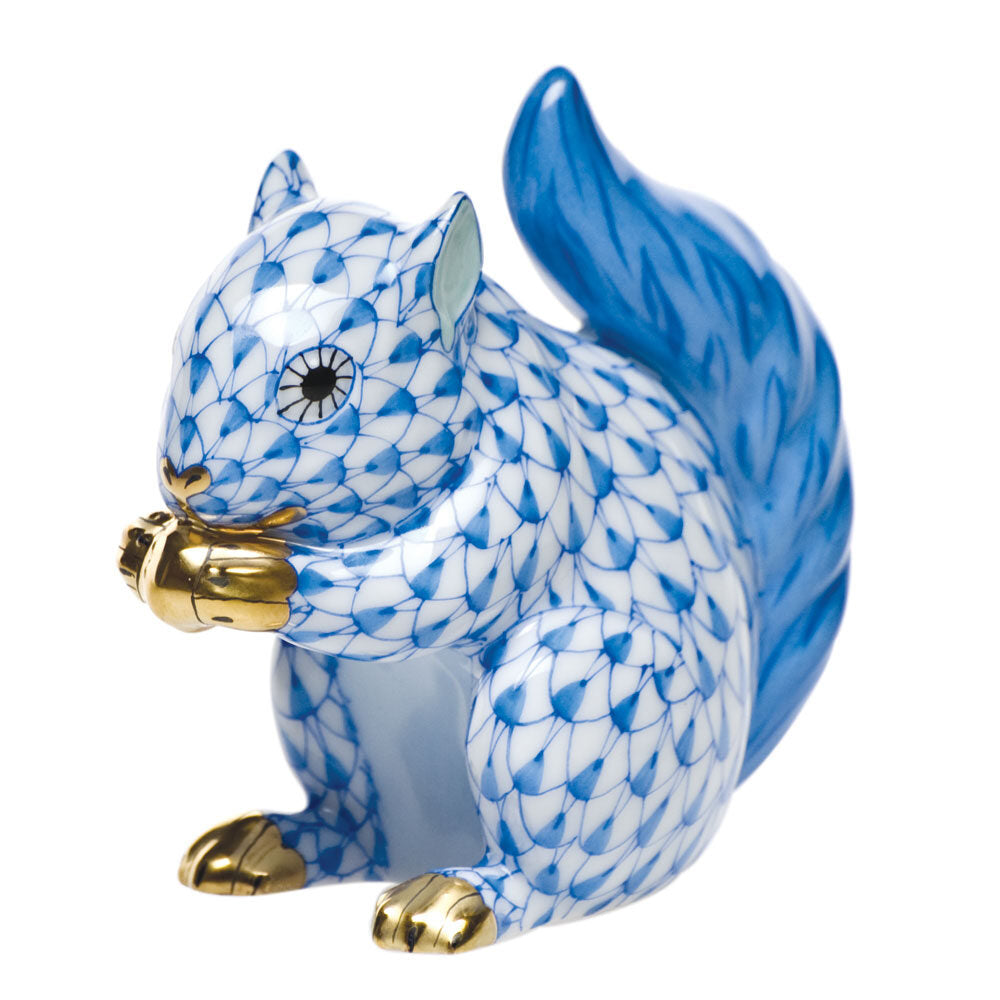 Blue fishnet Baby Squirrel Figurine figurine, hand-painted Herend porcelain with 24k gold accents