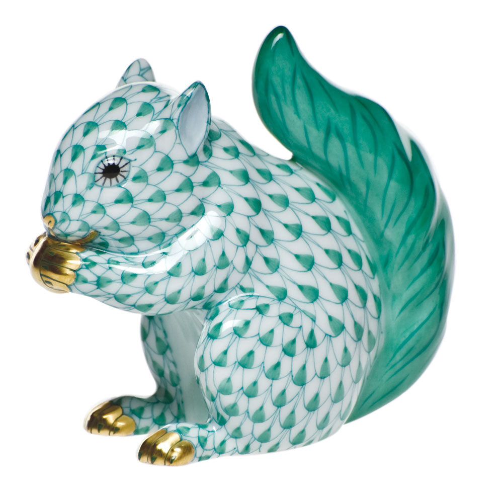 Hand-painted Herend Baby Squirrel Figurine in Green fishnet porcelain on a white background