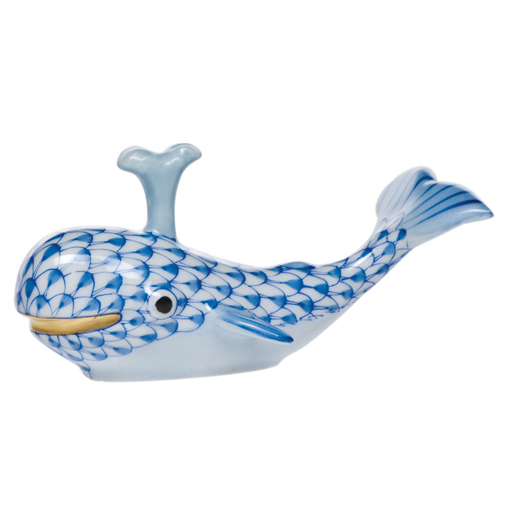 Hand-painted Herend Baby Whale with Spout Figurine in fine porcelain, 3in L X 1.75in H, on a white background