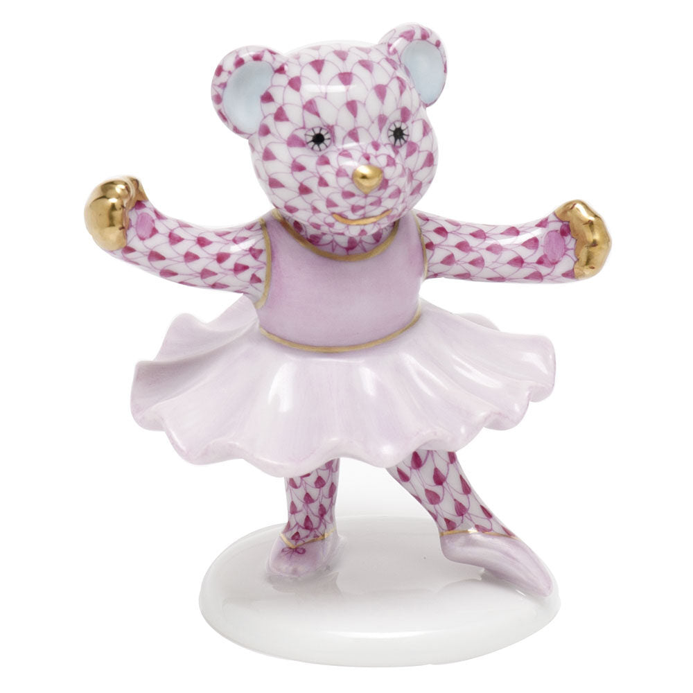 Raspberry fishnet Ballerina Bear Figurine figurine, hand-painted Herend porcelain with 24k gold accents