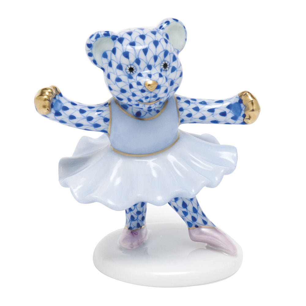 Herend Ballerina Bear Figurine porcelain figurine painted in the Sapphire fishnet pattern