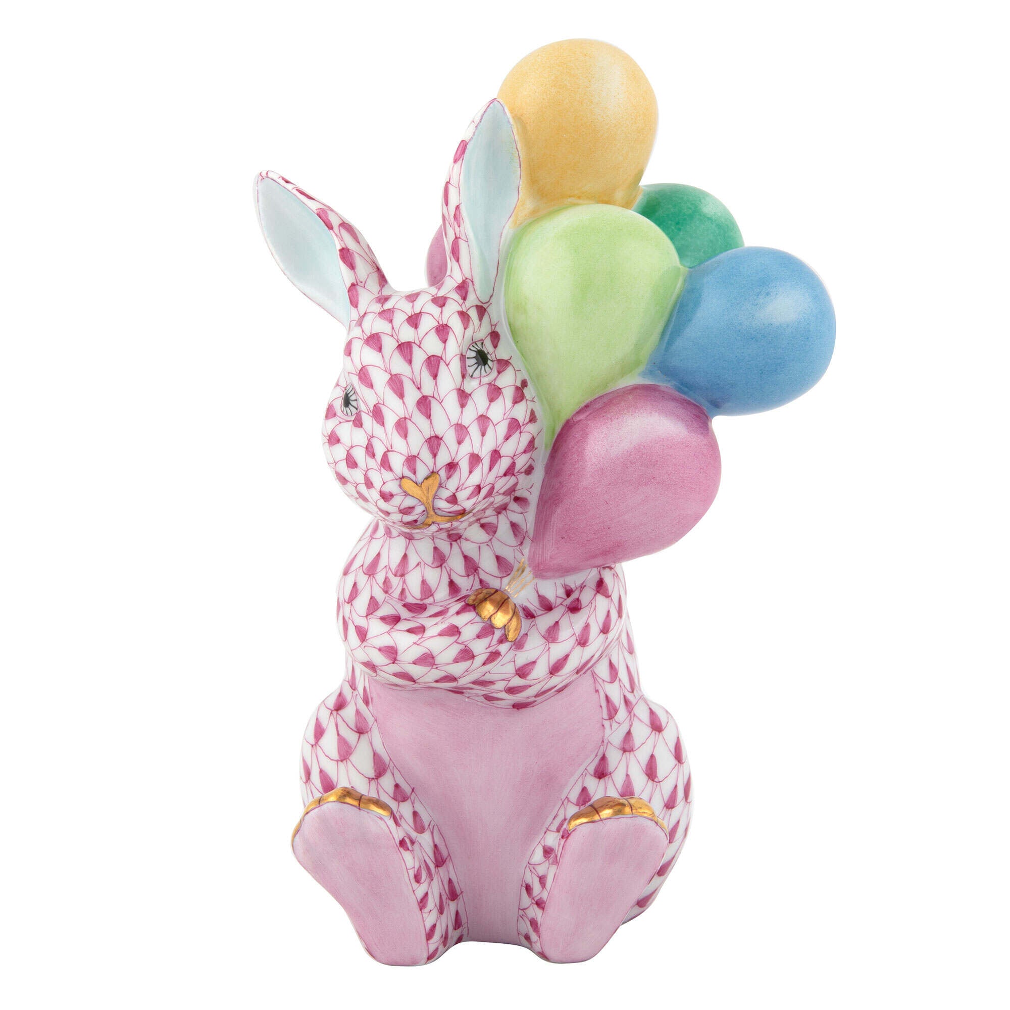 Raspberry fishnet Balloon Bunny Figurine figurine, hand-painted Herend porcelain with 24k gold accents