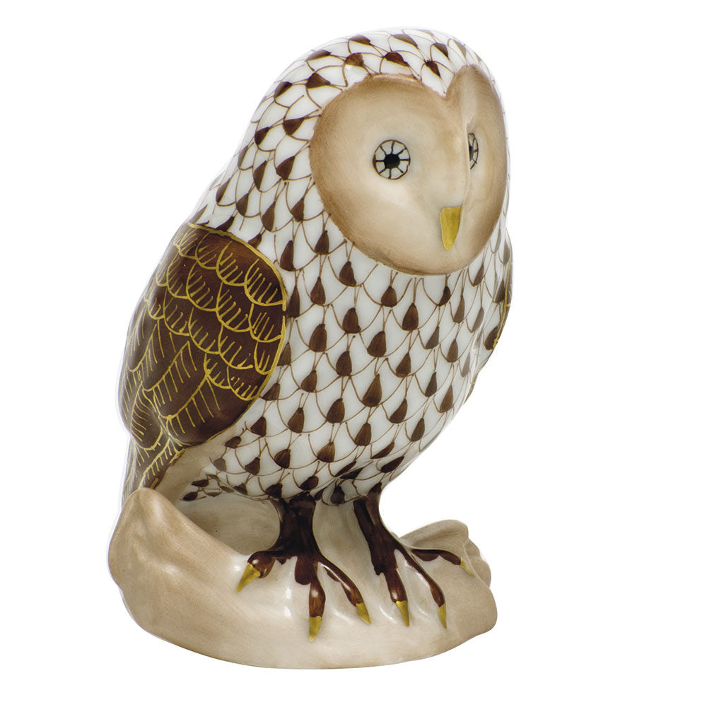 Hand-painted Herend Barn Owl Figurine in fine porcelain, 2.25in L X 2.5in H, on a white background