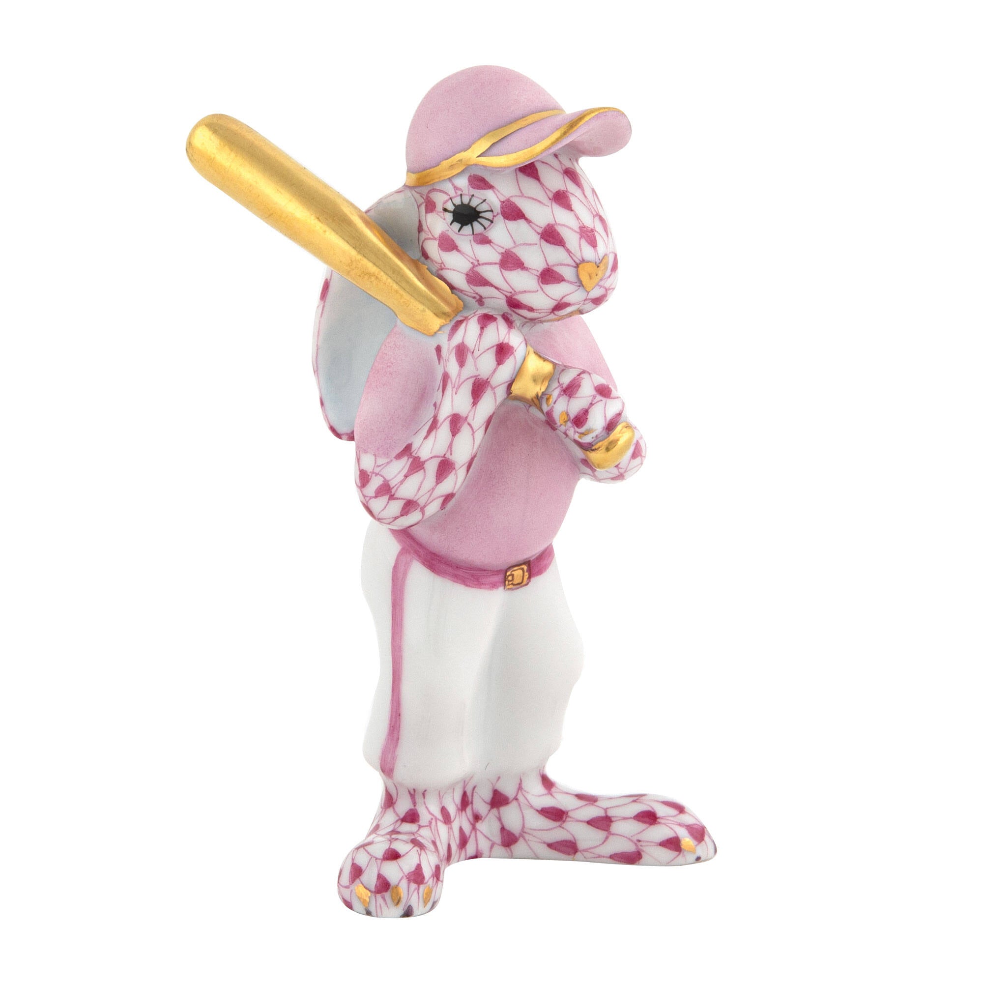 Raspberry fishnet Baseball Bunny Figurine figurine, hand-painted Herend porcelain with 24k gold accents