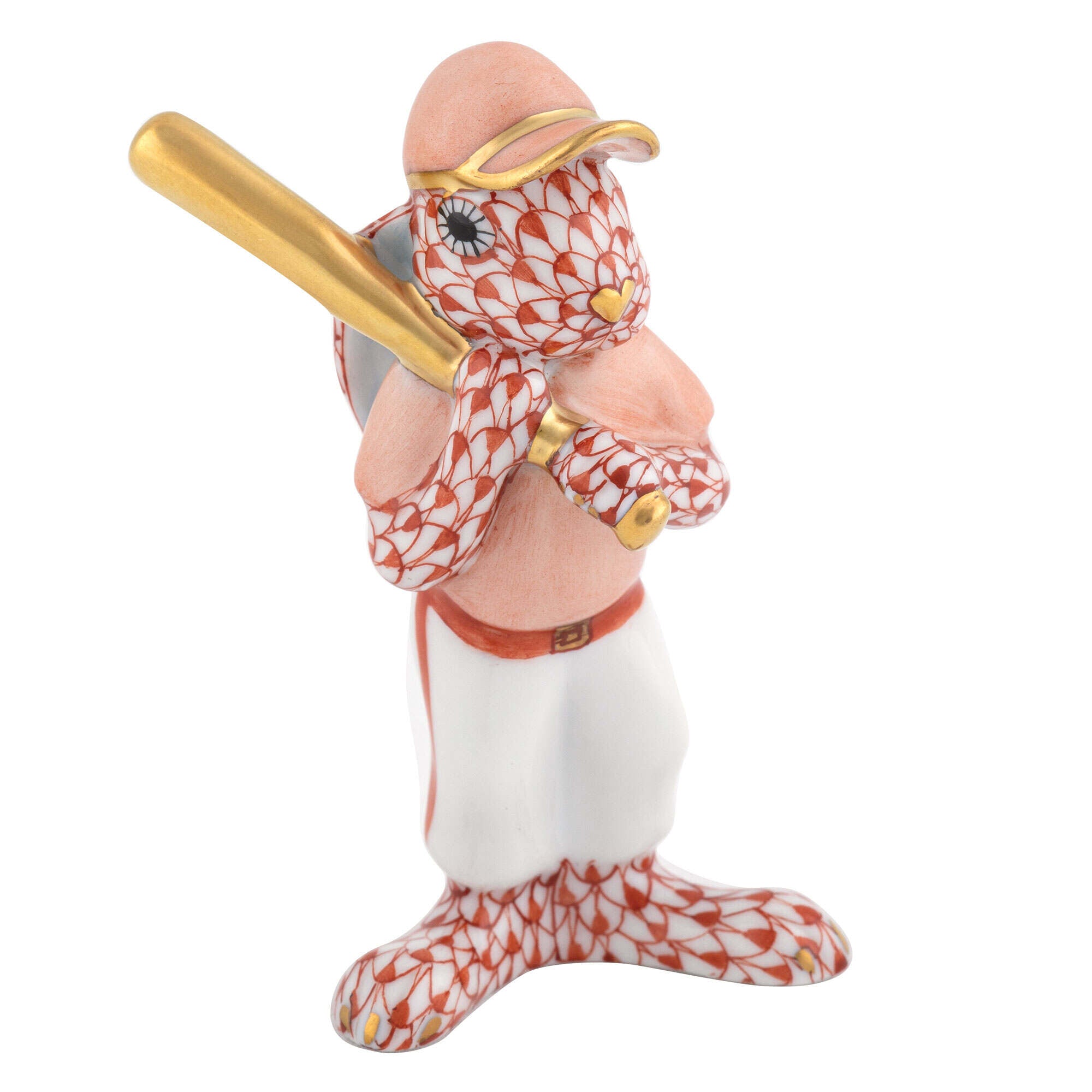 Herend Baseball Bunny Figurine porcelain figurine painted in the Rust fishnet pattern