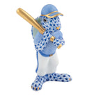 Hand-painted Herend Baseball Bunny Figurine in Sapphire fishnet porcelain on a white background