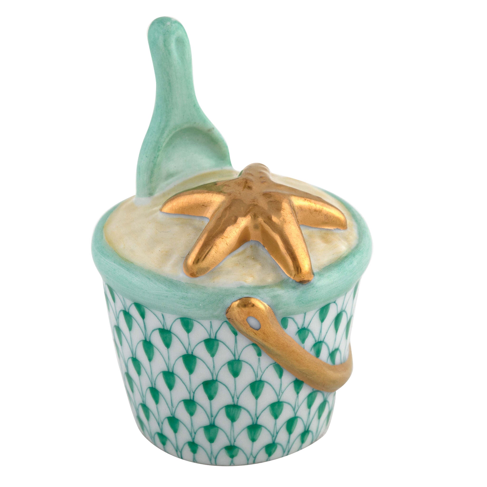 Herend Beach Bucket Figurine porcelain figurine painted in the Green fishnet pattern