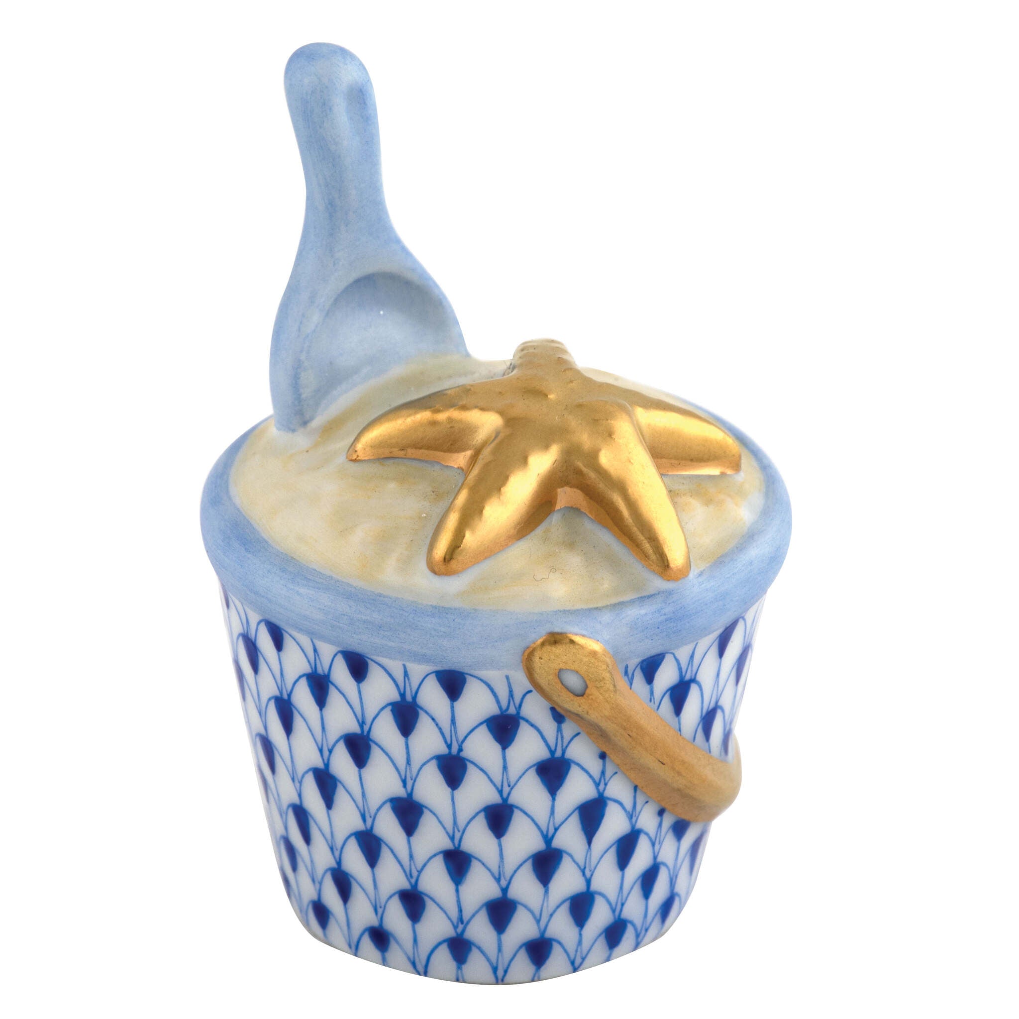 Herend Beach Bucket Figurine porcelain figurine painted in the Sapphire fishnet pattern