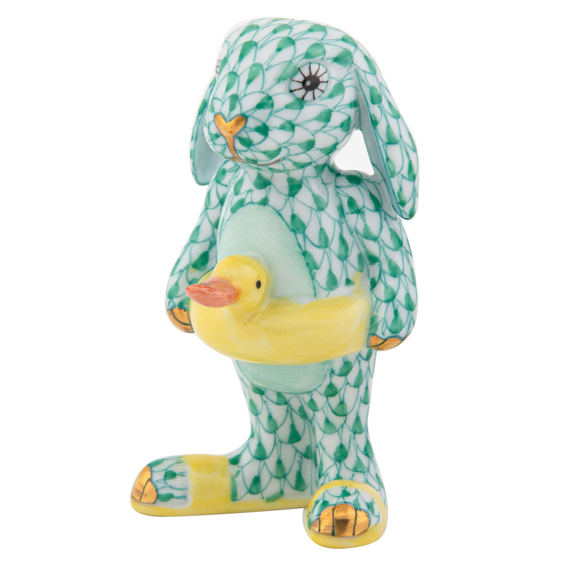 Hand-painted Herend Beach Bunny Figurine in Green fishnet porcelain on a white background