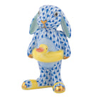 Hand-painted Herend Beach Bunny Figurine in Sapphire fishnet porcelain on a white background