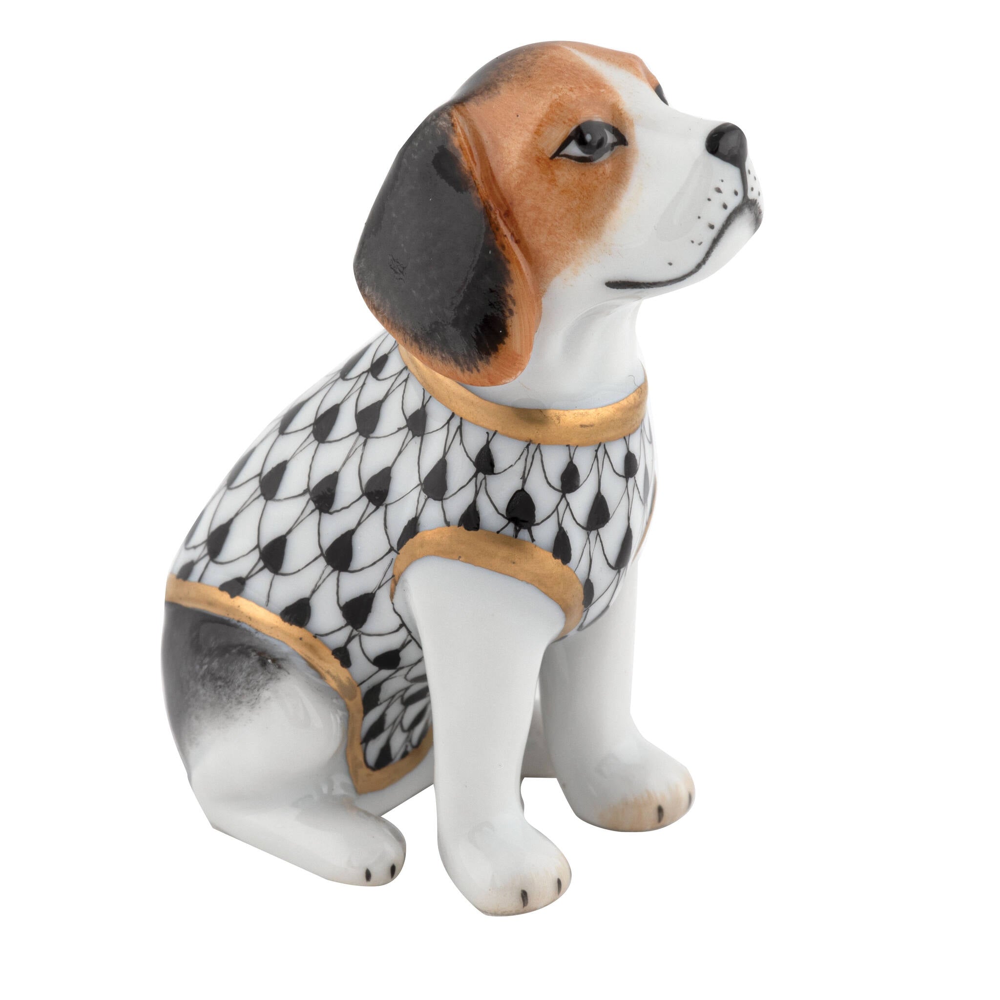 Hand-painted Herend Beagle Puppy Figurine in Black fishnet porcelain on a white background
