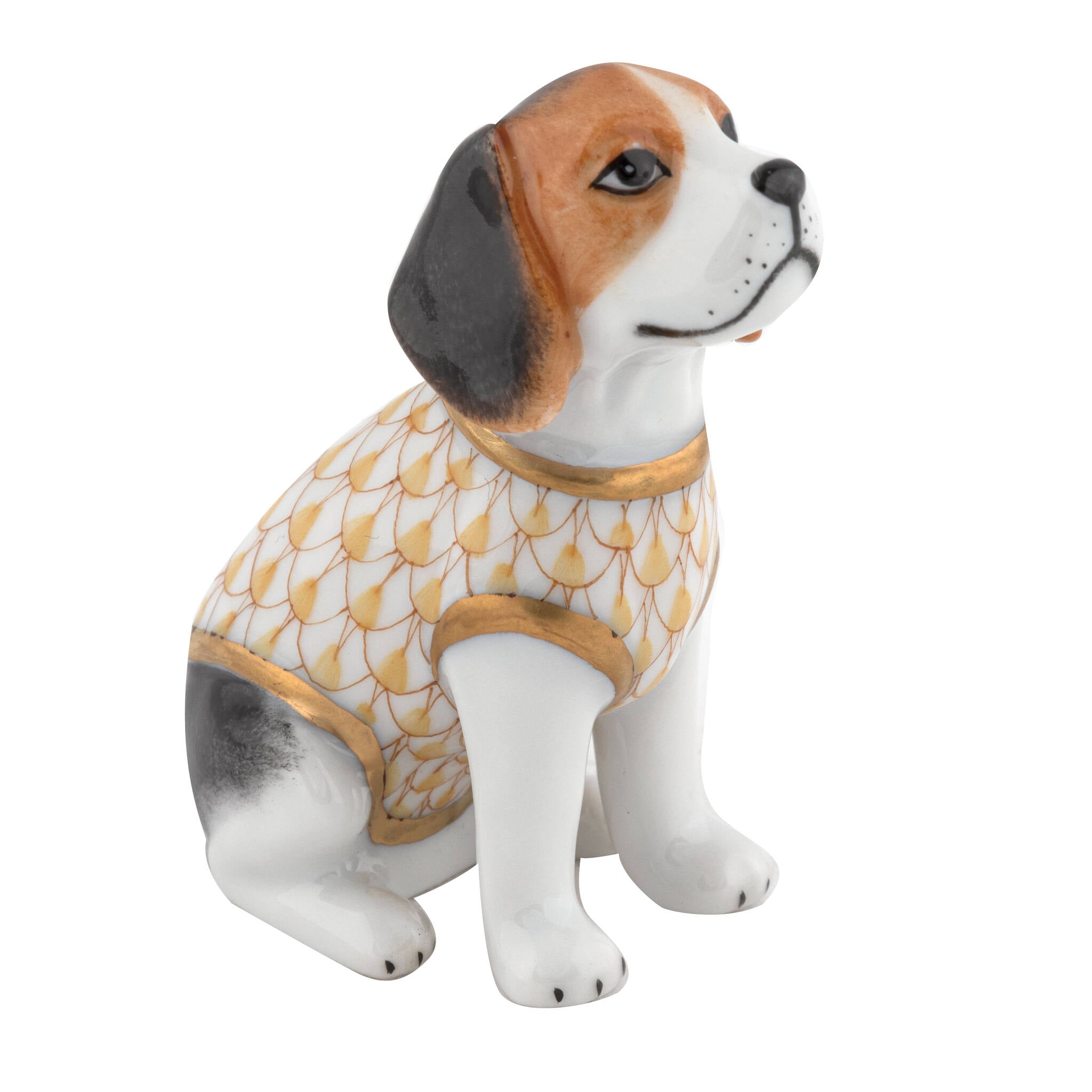 Hand-painted Herend Beagle Puppy Figurine in Butterscotch fishnet porcelain on a white background