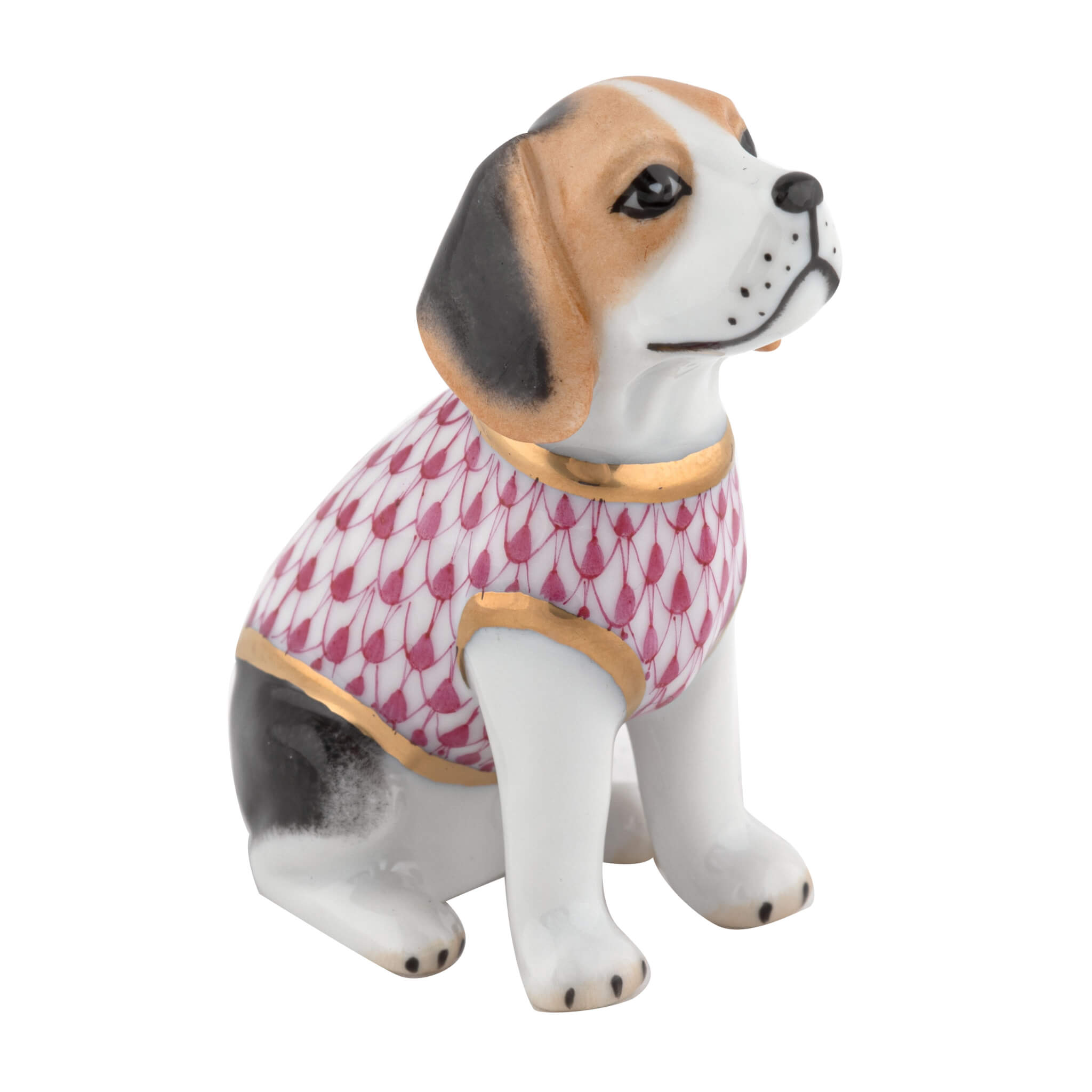 Herend Beagle Puppy figurine in Raspberry with raspberry pink fishnet pattern with gold accents on a white background