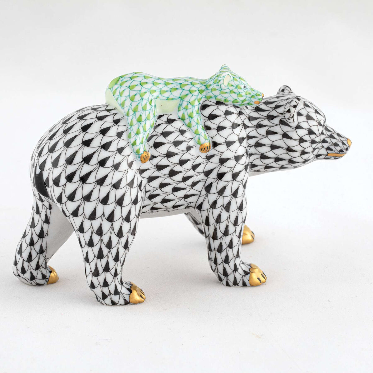 Herend Bear and Baby Figurine – Black-Key Lime, alternate view