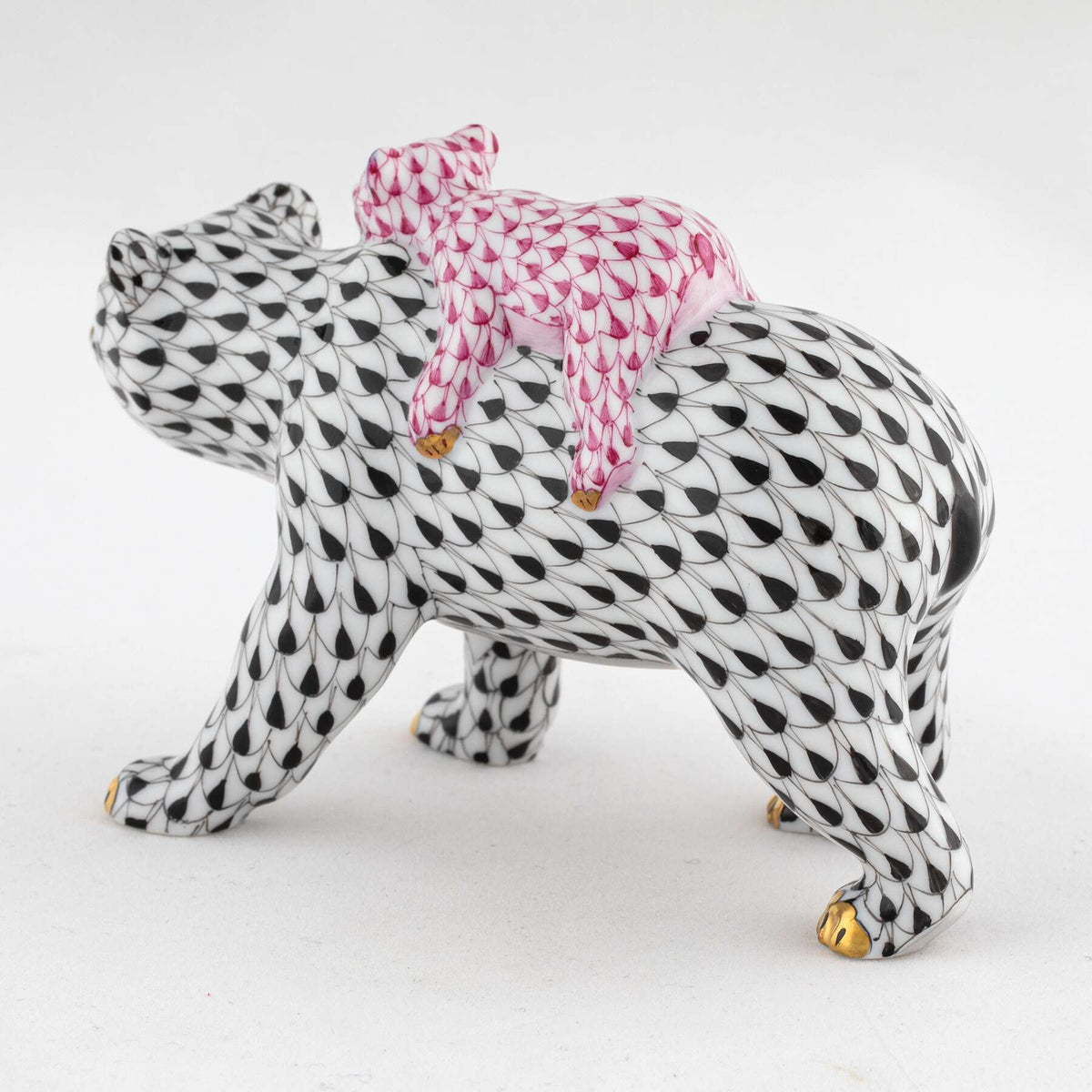 Herend Bear and Baby Figurine – Black-Pink, alternate view