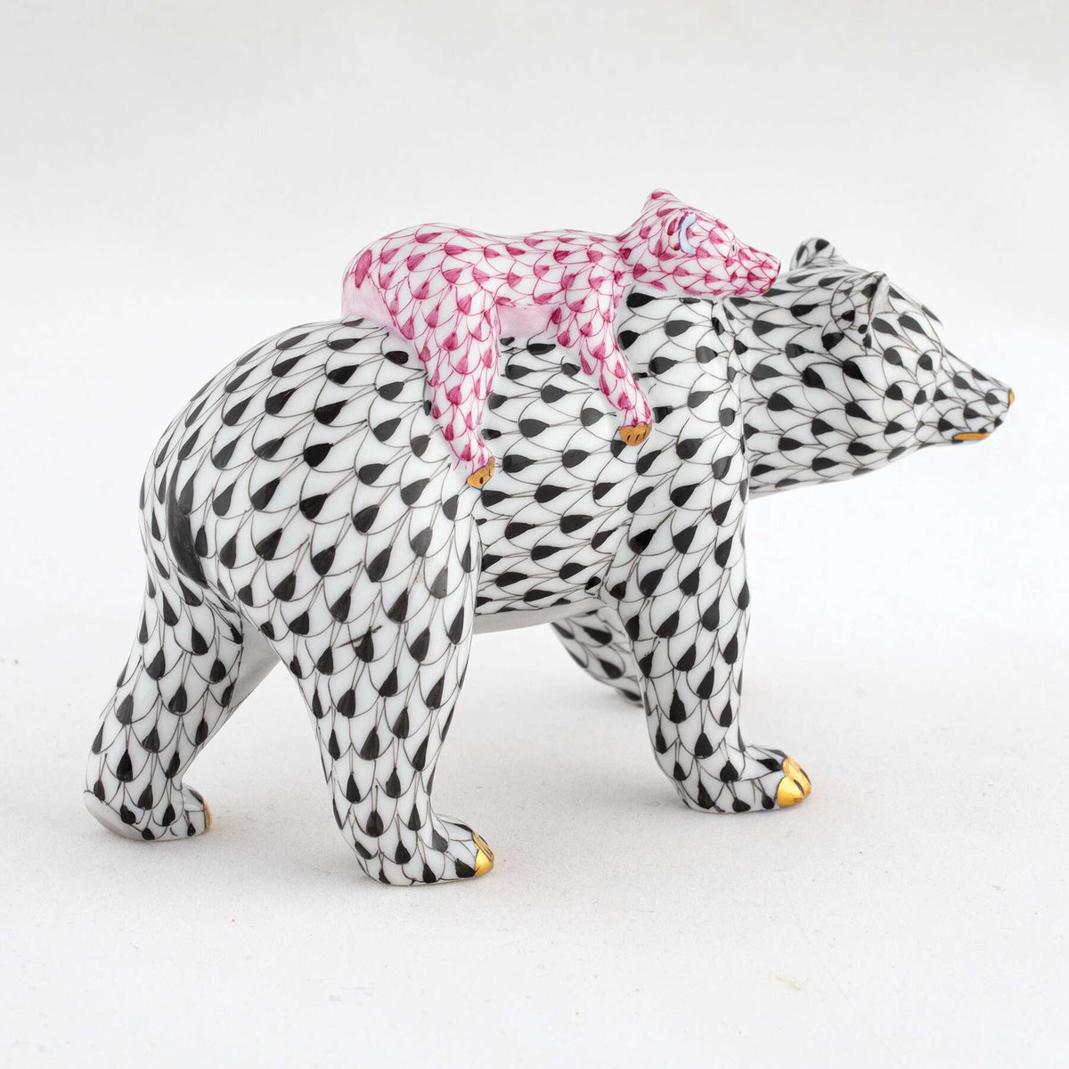 Herend Bear and Baby Figurine – Black-Pink, alternate view