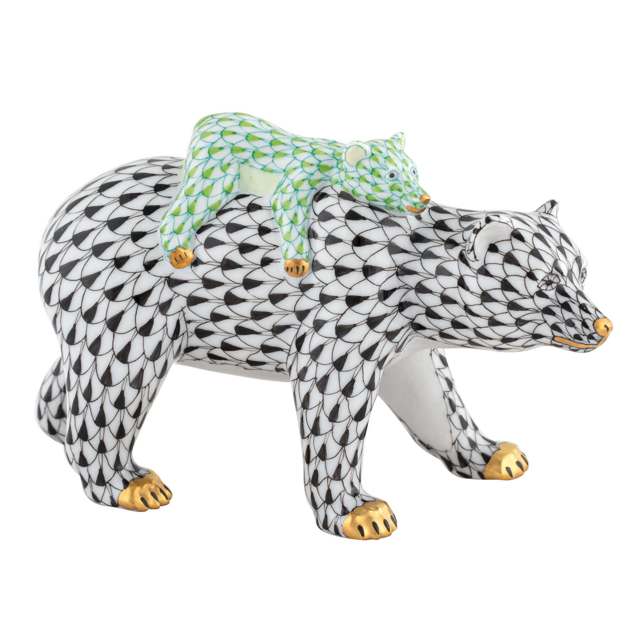 Bear and Baby Figurine in hand-painted Black-Key Lime porcelain by Herend of Hungary