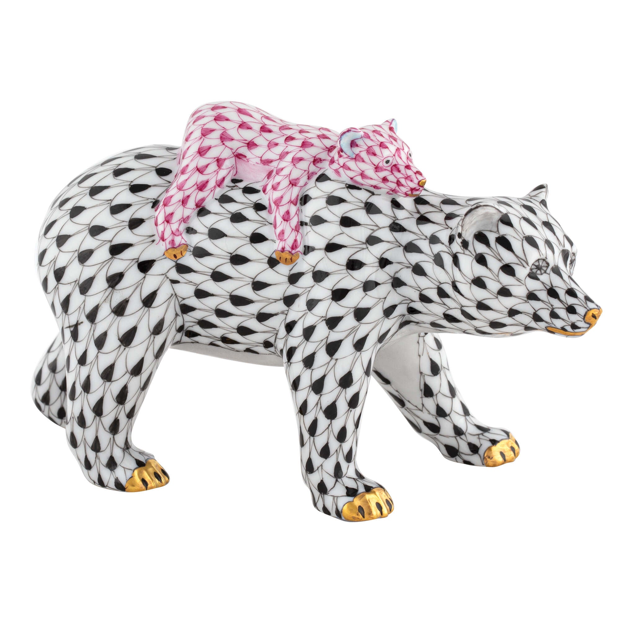 Bear and Baby Figurine in hand-painted Black-Pink porcelain by Herend of Hungary