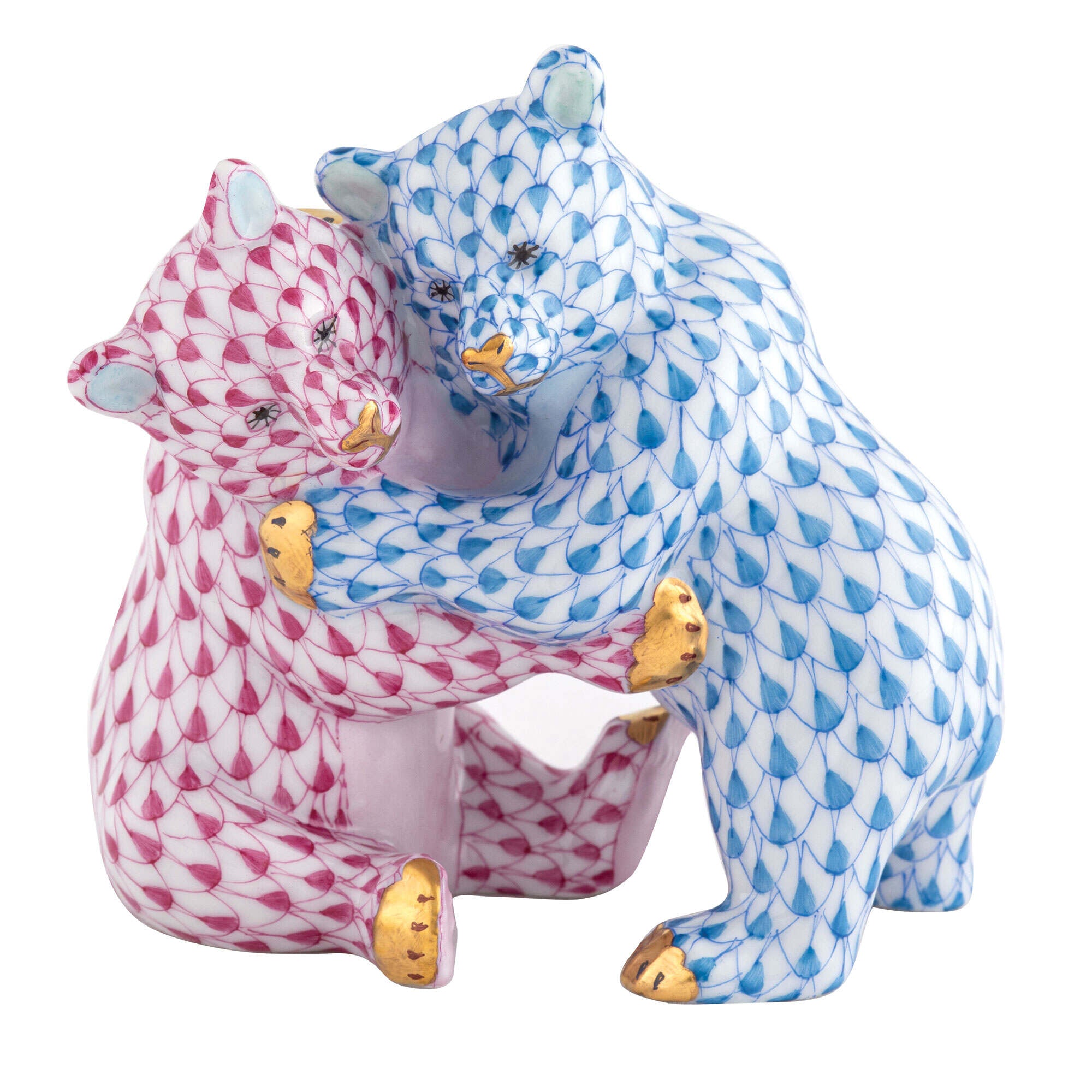 Blue-Raspberry fishnet Bear Hug Figurine figurine, hand-painted Herend porcelain with 24k gold accents