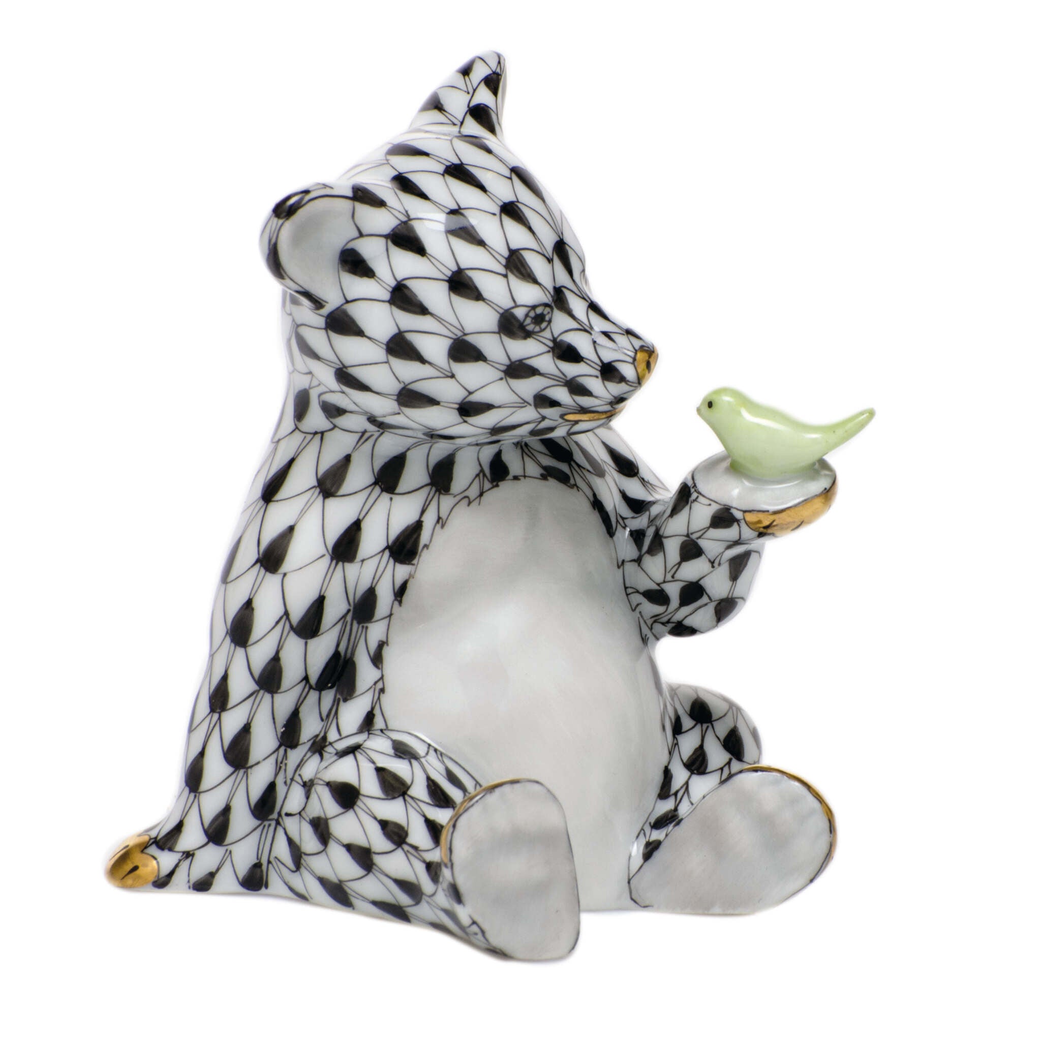 Black fishnet Bear with Bird Figurine figurine, hand-painted Herend porcelain with 24k gold accents
