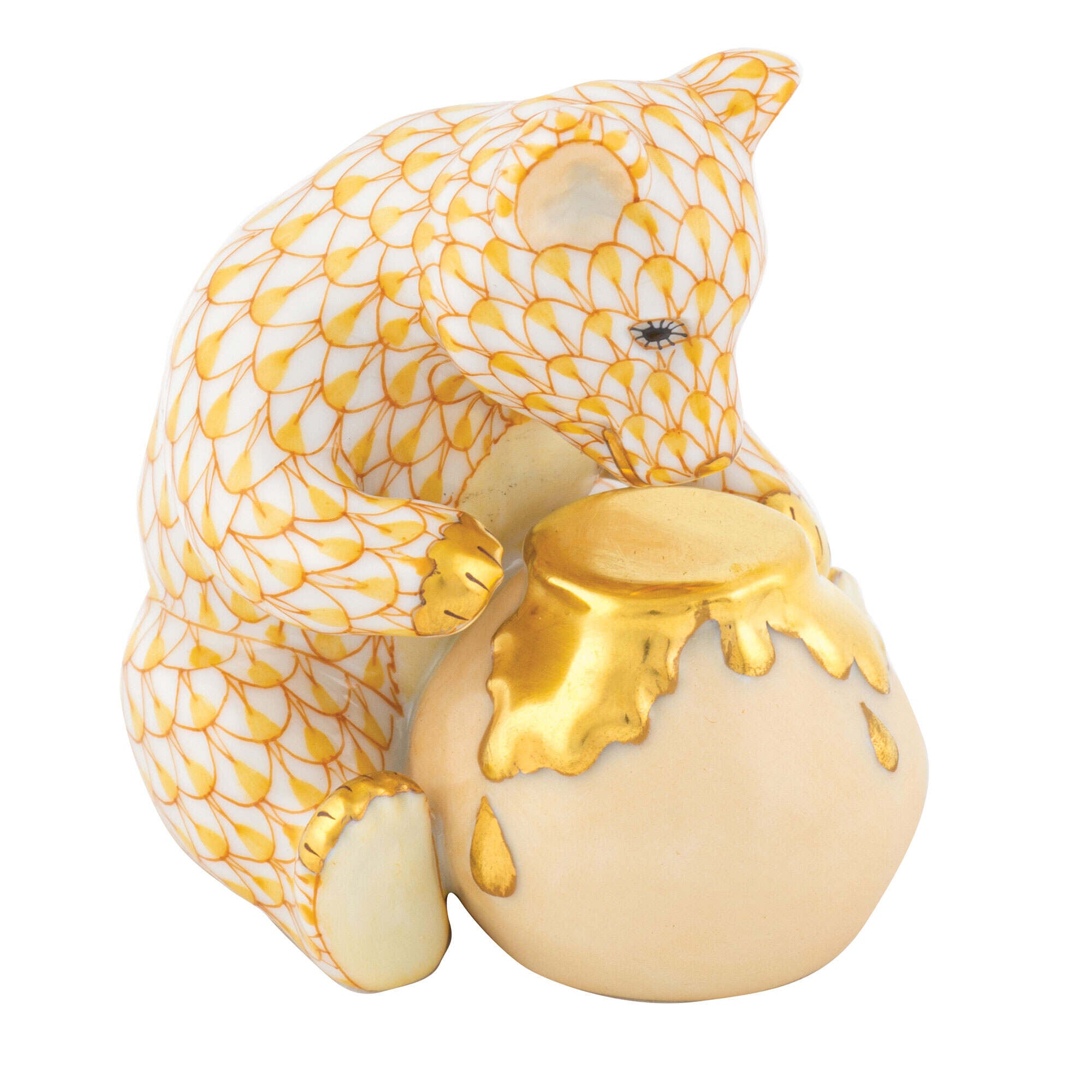 Herend Bear with Honey Pot Figurine porcelain figurine painted in the Butterscotch fishnet pattern