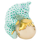 Green fishnet Bear with Honey Pot Figurine figurine, hand-painted Herend porcelain with 24k gold accents