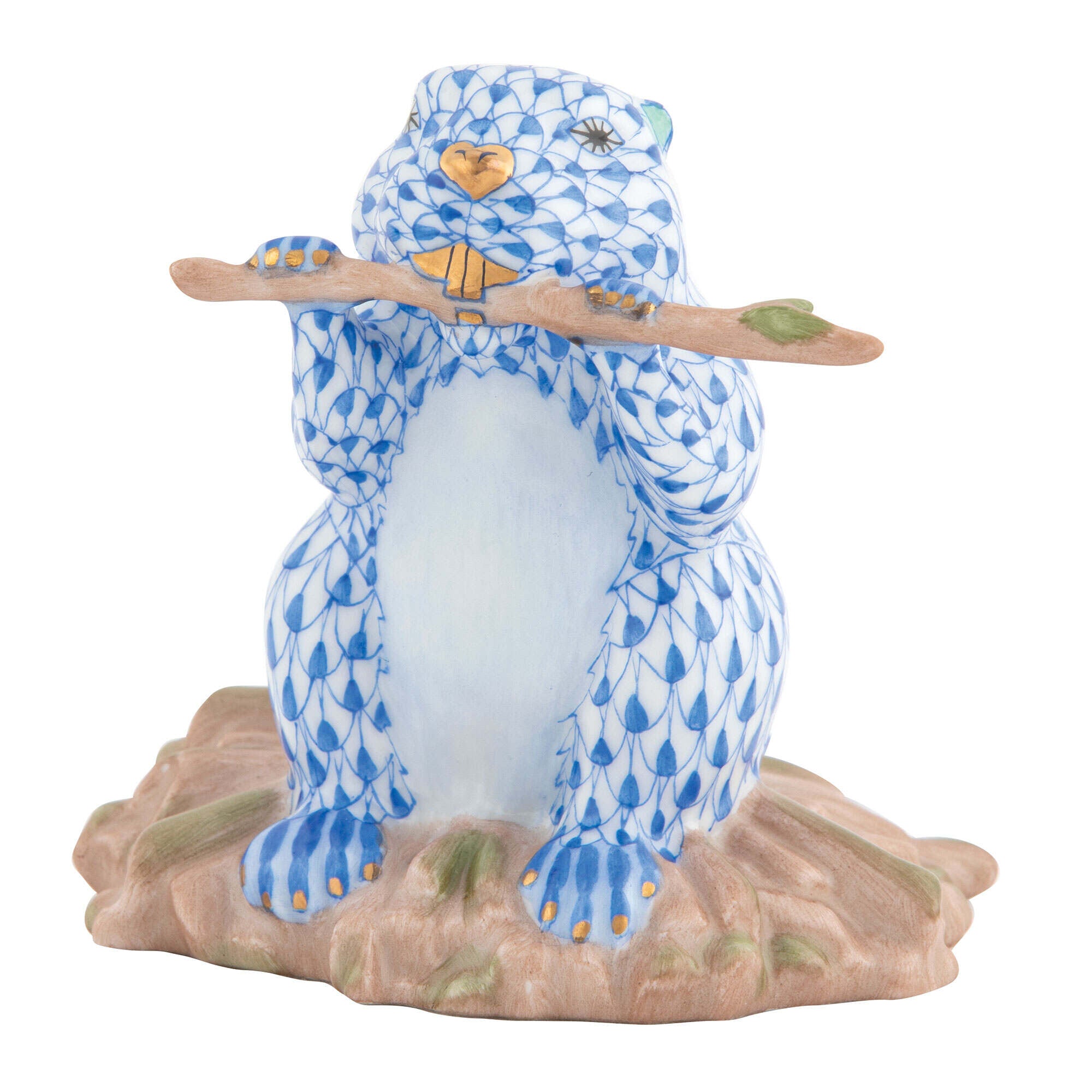 Hand-painted Herend Beaver on Dam Figurine in Blue fishnet porcelain on a white background