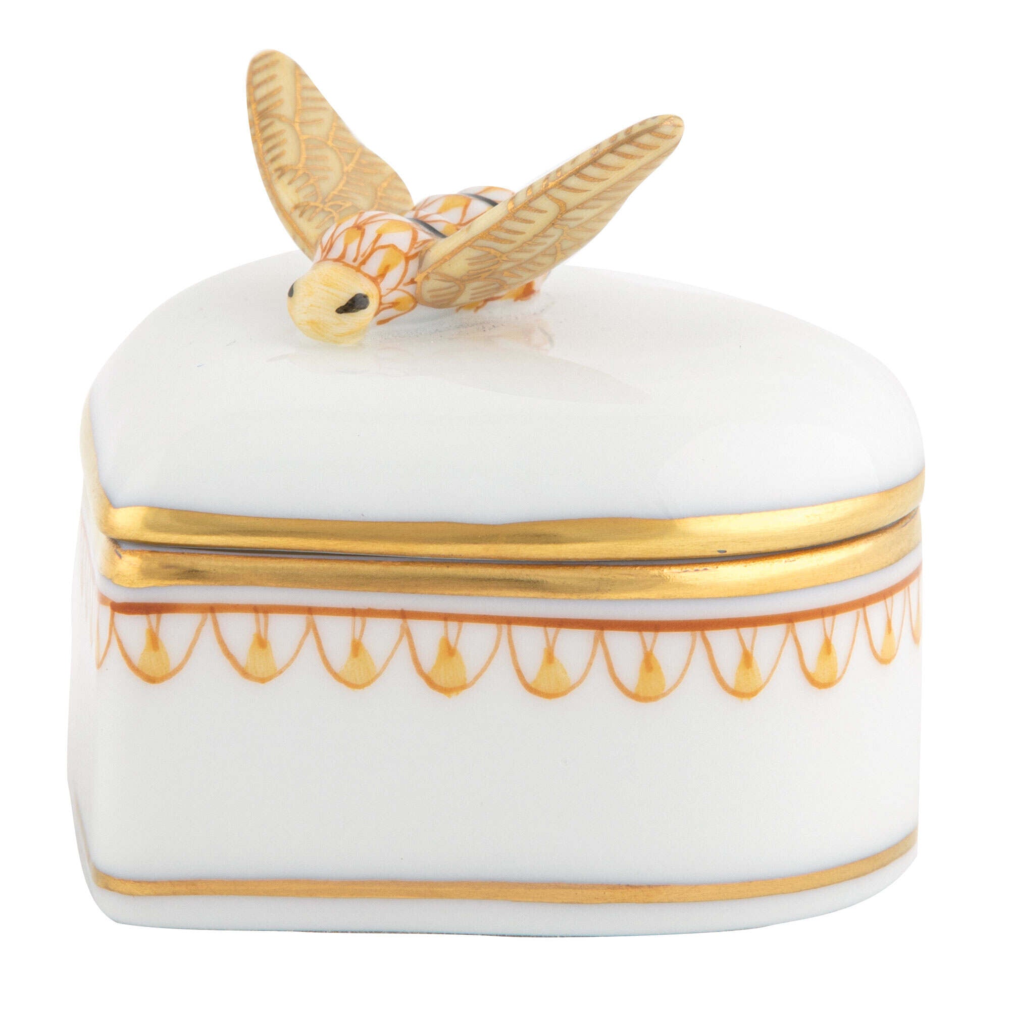 Hand-painted Herend Bee Box in fine porcelain, 2in L X 2in W X 1.75in H, on a white background