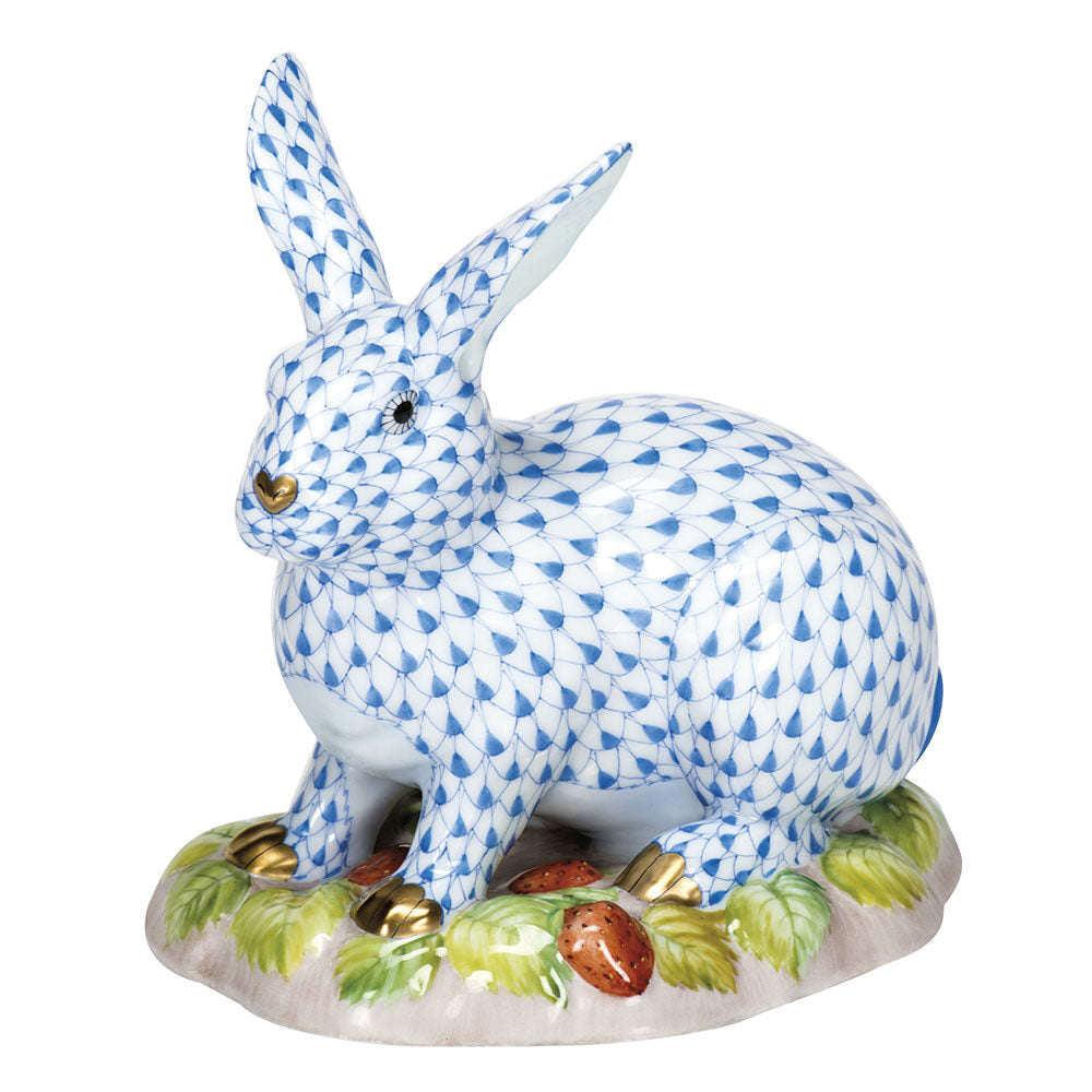 Hand-painted Herend Berry Bunny Figurine in fine porcelain, 5in L X 5in H, on a white background